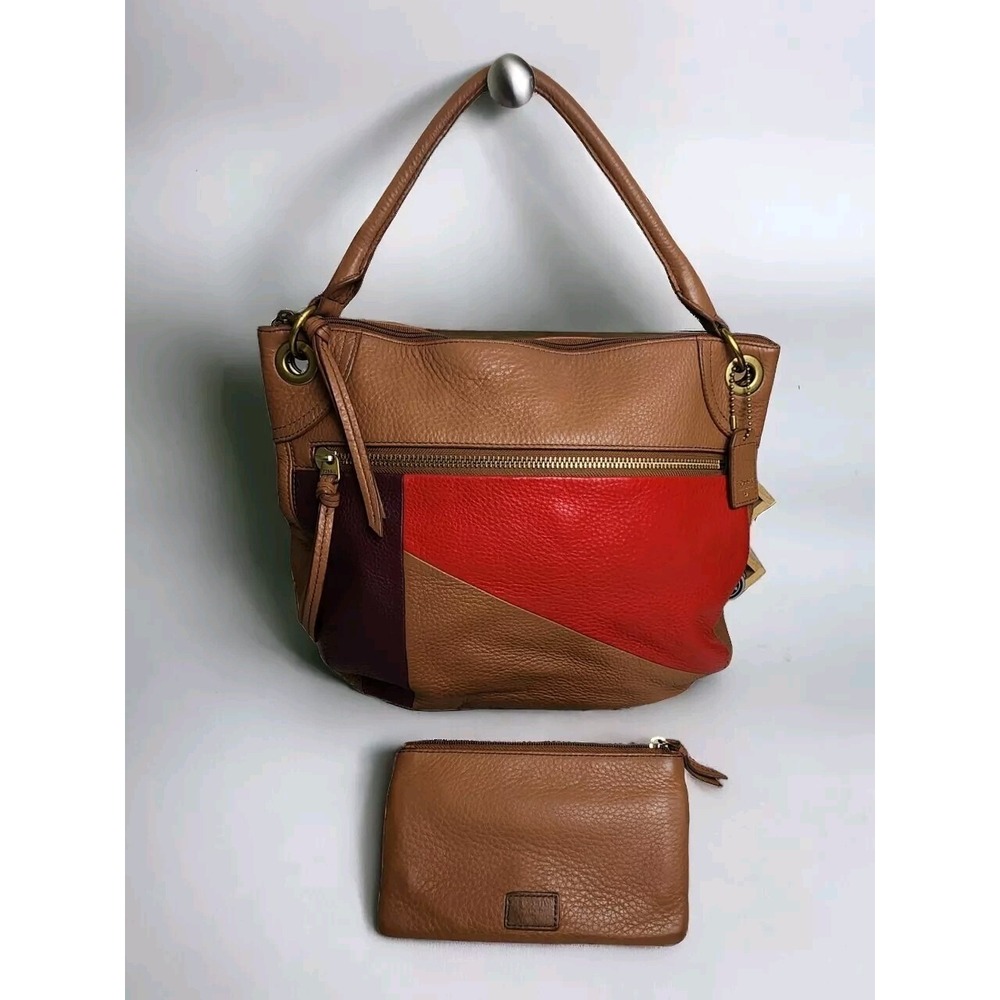 Fossil Karli Luxury Leather Hobo Bag Handbag Color Block & Matching Pouch EUC